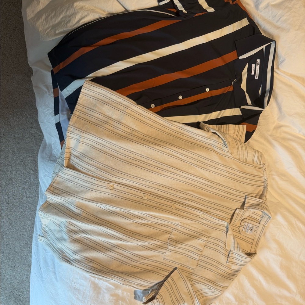 Striped Button-Up Shirts - Black, Brown, Cream